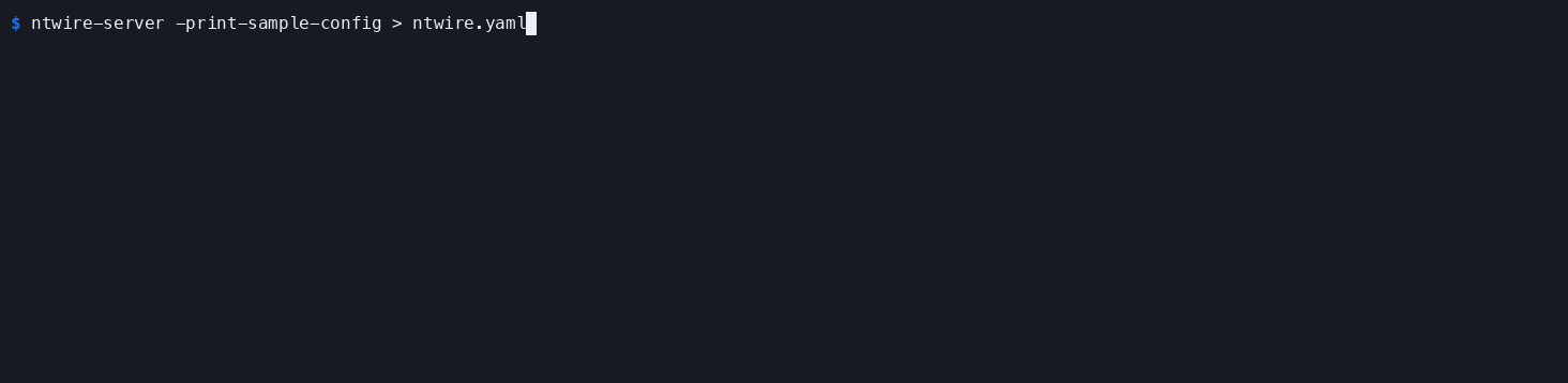 Terminal recording of ntwire-server printing a sample config, then starting and listening for HTTPS and WireGuard connections